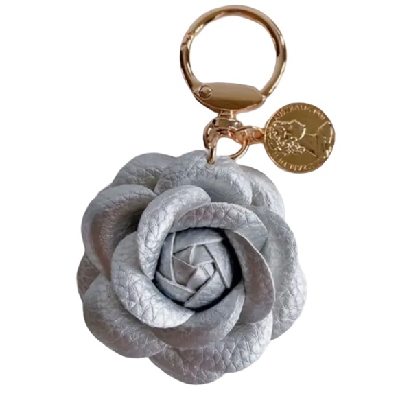 None Accessories - CAMELLIA Flower Silver Leather Goldtone Keychain NWT